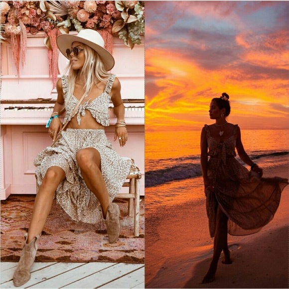 Spell Frankie Peasant Skirt Cheetah Print Boho Maxi Beige Small EUC - Picture 8 of 11